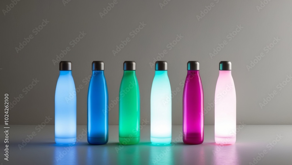 Illuminated Water Bottles with Glowing Colors. Illuminated Water Bottles with Glowing Colors.