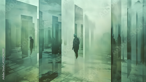 A person trapped in a room full of distorted mirrors, each refle photo