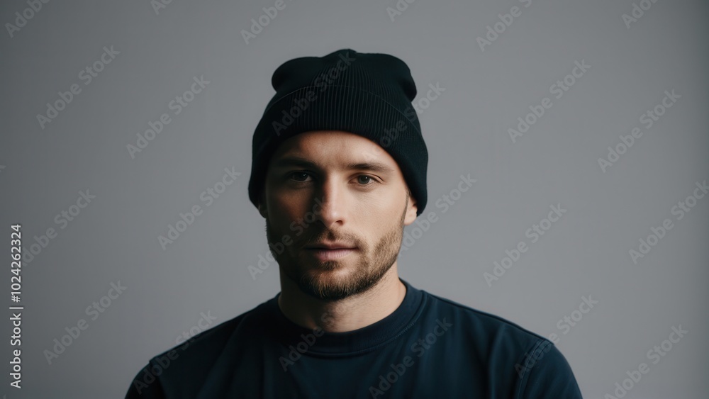 Minimalist beanie mockup in neutral tones, showcasing a classic fold-over brim. Perfect for branding or product presentations. Simple, clean design with no logos or text Minimalist beanie mockup in neutral tones, showcasing a classic fold-over brim. Perfect for branding or product presentations. Simple, clean design with no logos or text