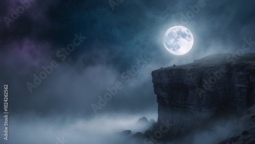 Majestic moonlight over a rocky cliff with fog at night. photo