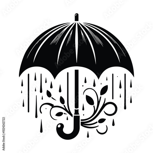 A monochrome drawing of an umbrella amidst a downpour, capturing the essence of a rainy day.