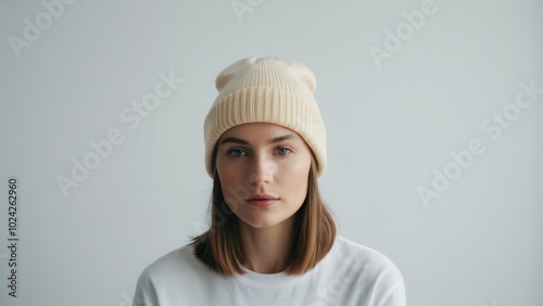 Minimalist beanie mockup in neutral tones, showcasing a classic fold-over brim. Perfect for branding or product presentations. Simple, clean design with no logos or text