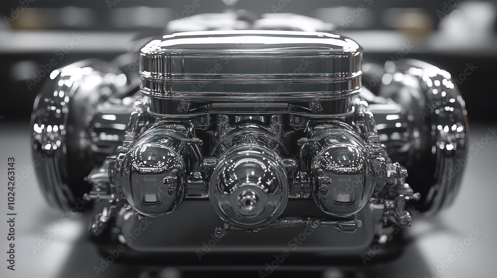 A close-up of a shiny, chrome engine. A close-up of a shiny, chrome engine.