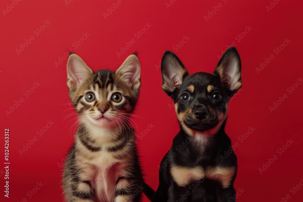 A playful kitten and puppy looking curiously against a bright red backdrop in a cozy setting A playful kitten and puppy looking curiously against a bright red backdrop in a cozy setting