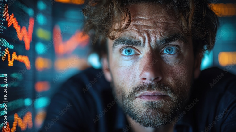 A man with a serious expression looks directly at the camera, with a stock market ticker in the background. A man with a serious expression looks directly at the camera, with a stock market ticker in the background.