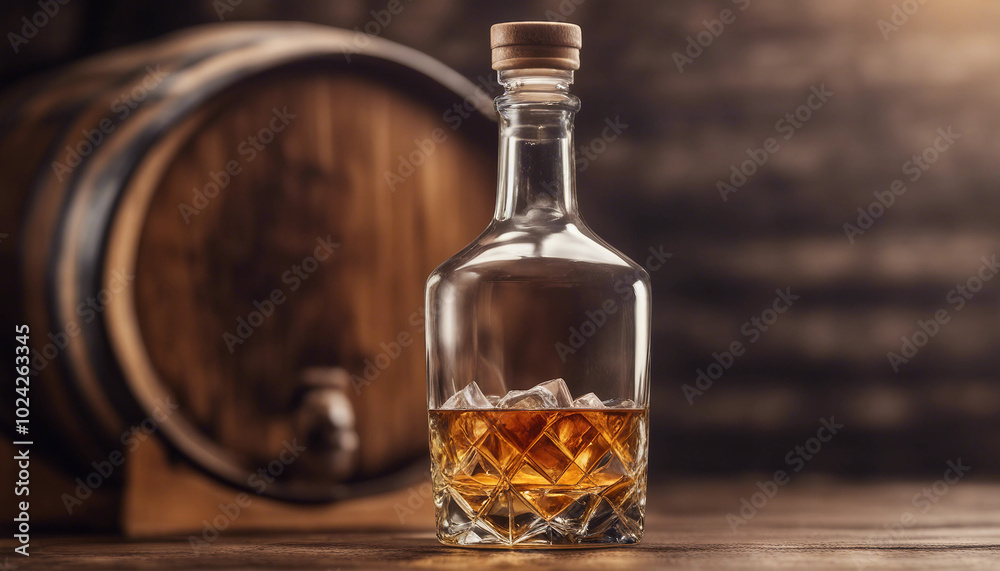 A frosted whisky glass rests on a wooden barrel beside an unbranded, unwritten whisky bottle, with ample copy space. A frosted whisky glass rests on a wooden barrel beside an unbranded, unwritten whisky bottle, with ample copy space.
