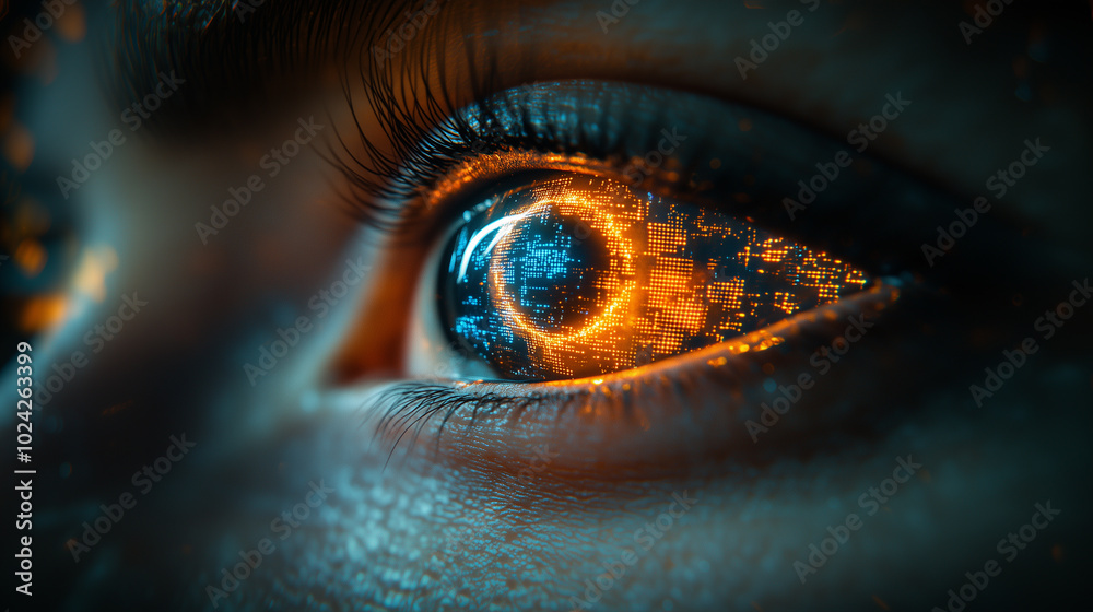 A stunning close-up of a futuristic cybernetic eye glowing with intricate neon circuitry and vibrant blue and orange lights, artificial intelligence A stunning close-up of a futuristic cybernetic eye glowing with intricate neon circuitry and vibrant blue and orange lights, artificial intelligence