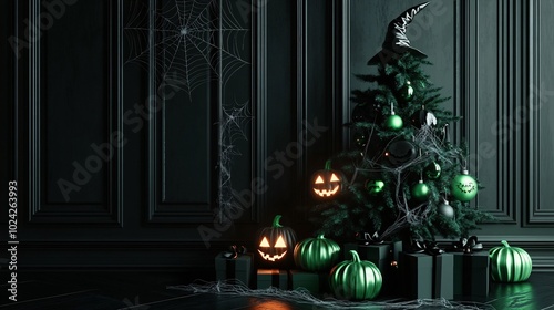 A unique Halloween-themed Christmas tree adorned with eerie decorations, including green pumpkins and spooky elements, set against a dark wall.