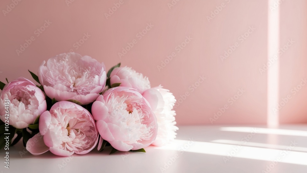 Pink Peony Flowers with Copy Space on a Pink Background. Pink Peony Flowers with Copy Space on a Pink Background.