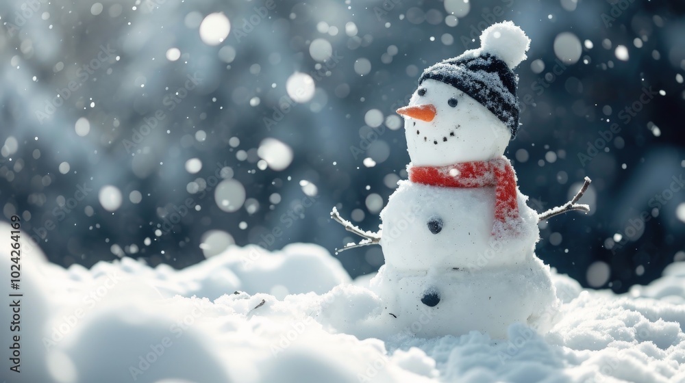 Playful Snowman in Red Scarf with Snowflakes in Winter Snowfall – Fun Outdoor Christmas Scene Playful Snowman in Red Scarf with Snowflakes in Winter Snowfall – Fun Outdoor Christmas Scene