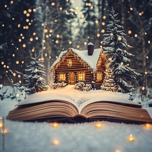 Wallpaper Mural A whimsical scene featuring a glowing log cabin nestled in snow, surrounded by pine trees, emerging from an open book, creating a magical winter atmosphere. Torontodigital.ca