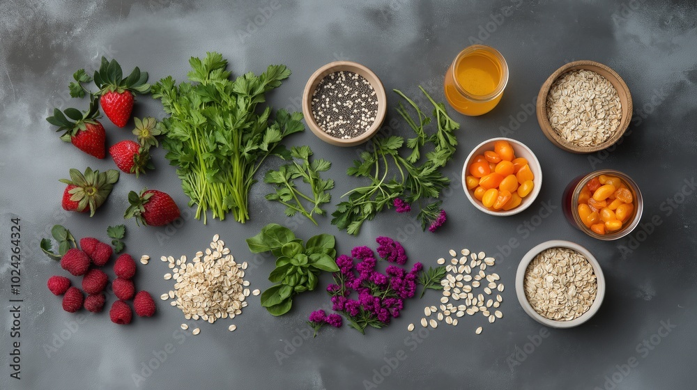 Vegetables and millets in bowls on a grey background, top view Vegetables and millets in bowls on a grey background, top view