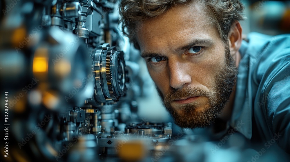 A man with a beard leans in to inspect a complex piece of machinery. He looks directly at the camera with a serious expression. A man with a beard leans in to inspect a complex piece of machinery. He looks directly at the camera with a serious expression.