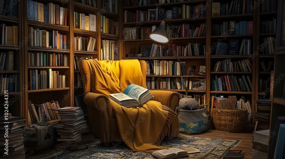 A serene bookstore corner with a comfortable chair and a stack of books, creating the perfect reading atmosphere A serene bookstore corner with a comfortable chair and a stack of books, creating the perfect reading atmosphere
