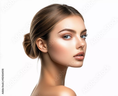 Minimalist beauty portrait of a woman with sleek hair in a side bun, isolated on a white background.