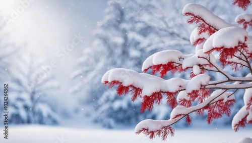 Red Branch Covered in Snow Winter Nature Background.
