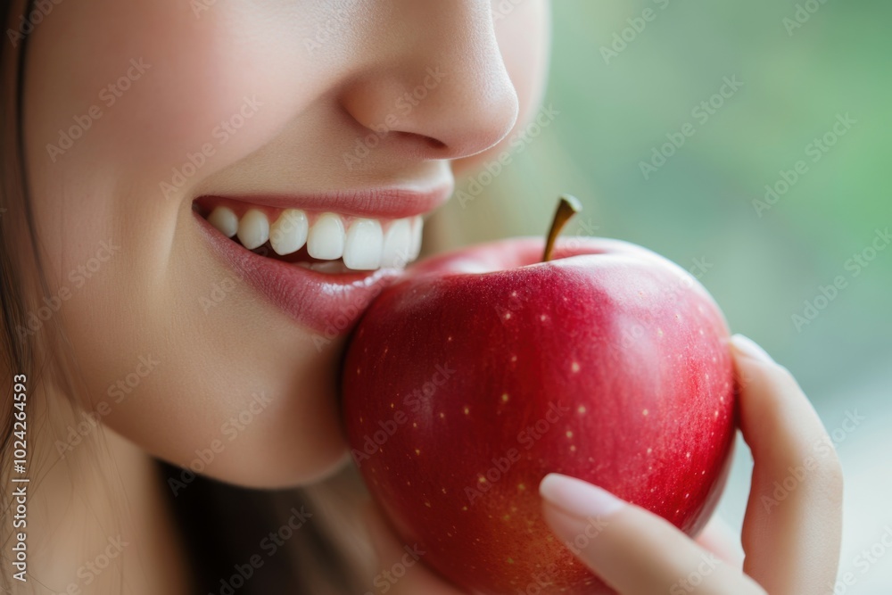 Woman enjoying a crisp red apple with a joyful smile in a bright indoor setting Woman enjoying a crisp red apple with a joyful smile in a bright indoor setting