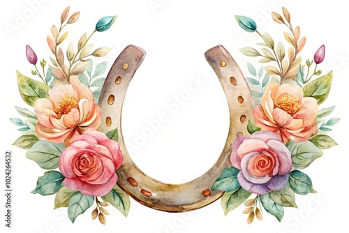 Watercolor floral cowboy horseshoe and flowers Farmhouse rustic clipart isolated high angle view