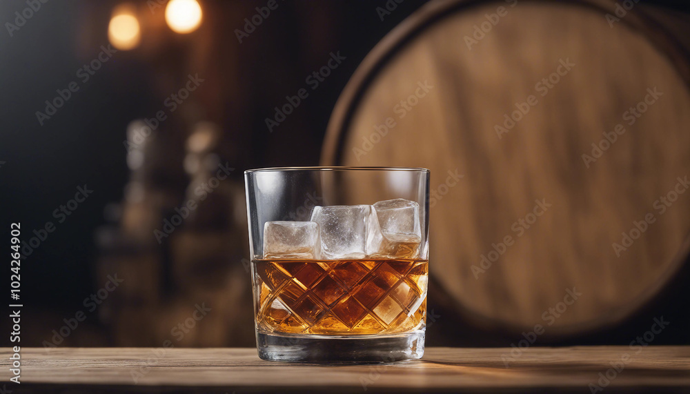 A frosted whisky glass rests on a wooden barrel beside an unbranded, unwritten whisky bottle, with ample copy space. A frosted whisky glass rests on a wooden barrel beside an unbranded, unwritten whisky bottle, with ample copy space.