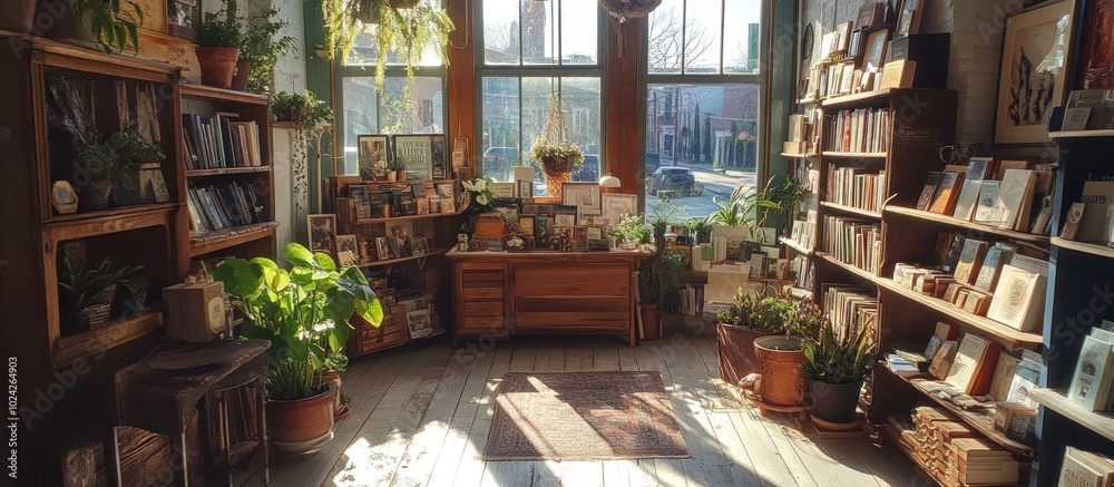 A cozy bookstore with wooden shelves filled with books, plants, and sunlight streaming through the windows. A cozy bookstore with wooden shelves filled with books, plants, and sunlight streaming through the windows.