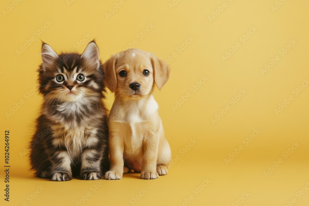 A fluffy kitten and a playful puppy sitting together against a yellow background A fluffy kitten and a playful puppy sitting together against a yellow background