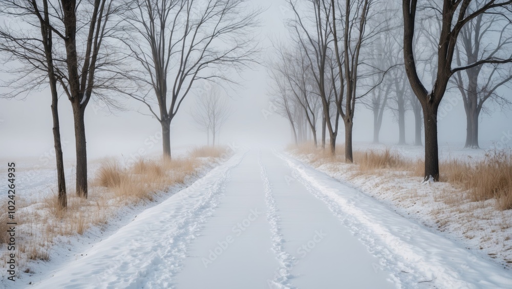Snowy pathway lined with bare trees in a foggy winter landscape. Snowy pathway lined with bare trees in a foggy winter landscape.