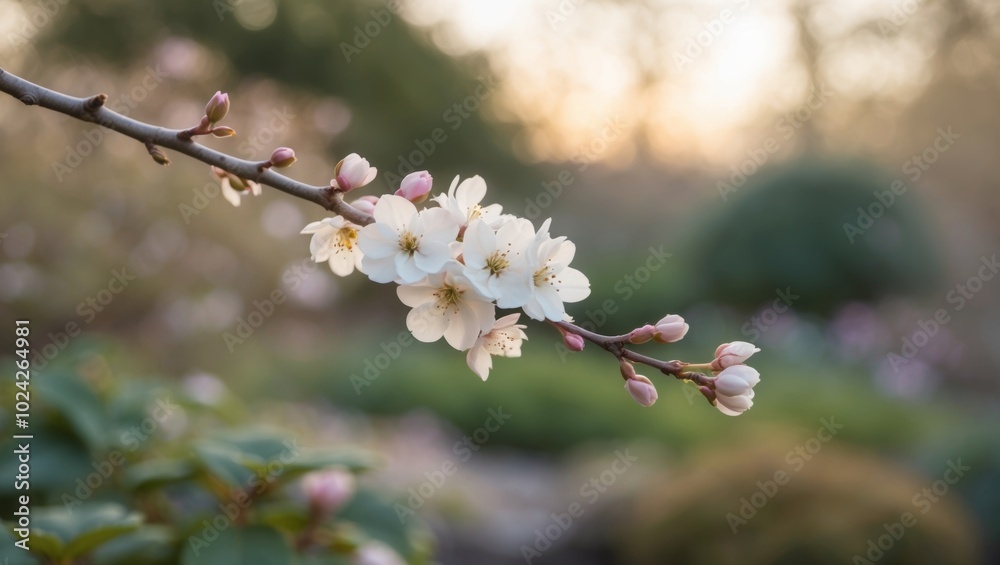Spring blossoms on a branch during golden hour in a tranquil garden. Spring blossoms on a branch during golden hour in a tranquil garden.