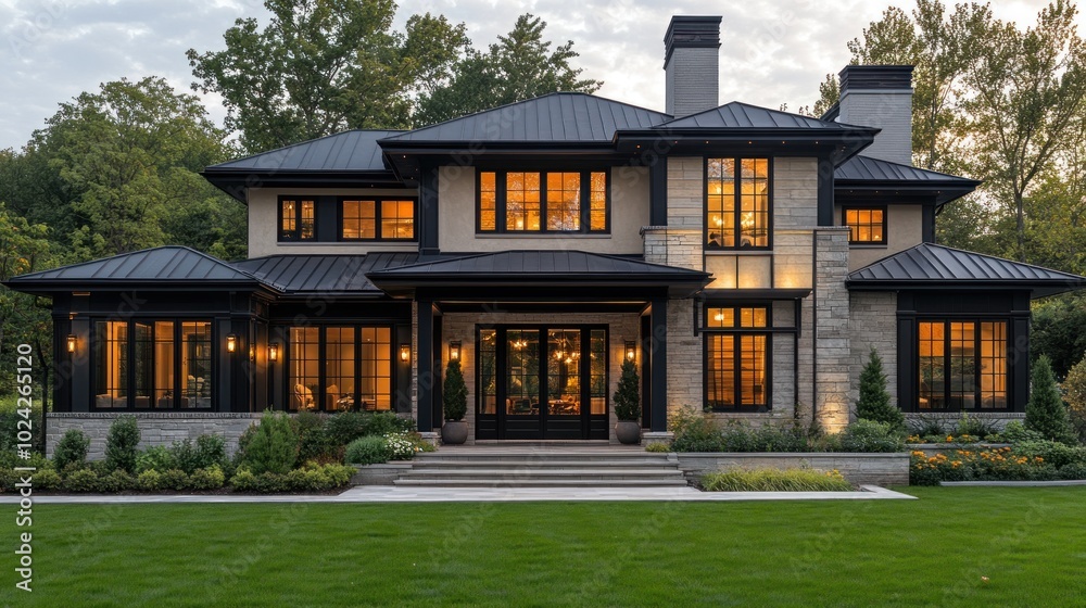 Elegant modern home with landscaped surroundings at twilight. Elegant modern home with landscaped surroundings at twilight.