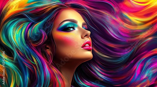 A woman with vibrant, colorful hair and makeup looks off to the side.