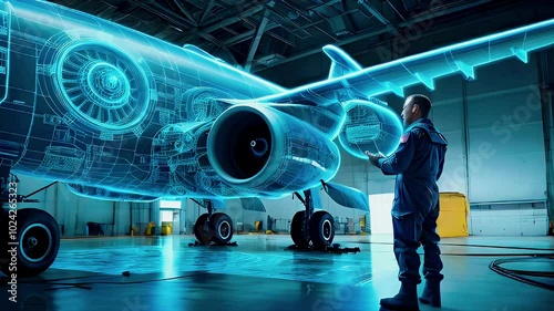 An engineer in a hangar uses augmented reality to examine a 3D holographic model of an airplane.