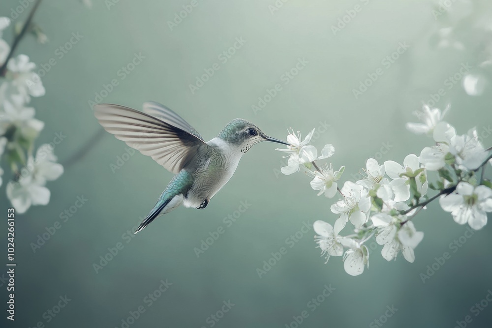 A tranquil morning as a hummingbird drinks nectar from delicate white blossoms A tranquil morning as a hummingbird drinks nectar from delicate white blossoms