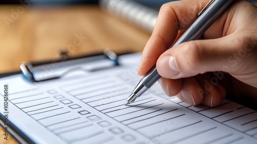 A close-up of a hand holding a pen, filling out a checklist on a clipboard, symbolizing organization and productivity.