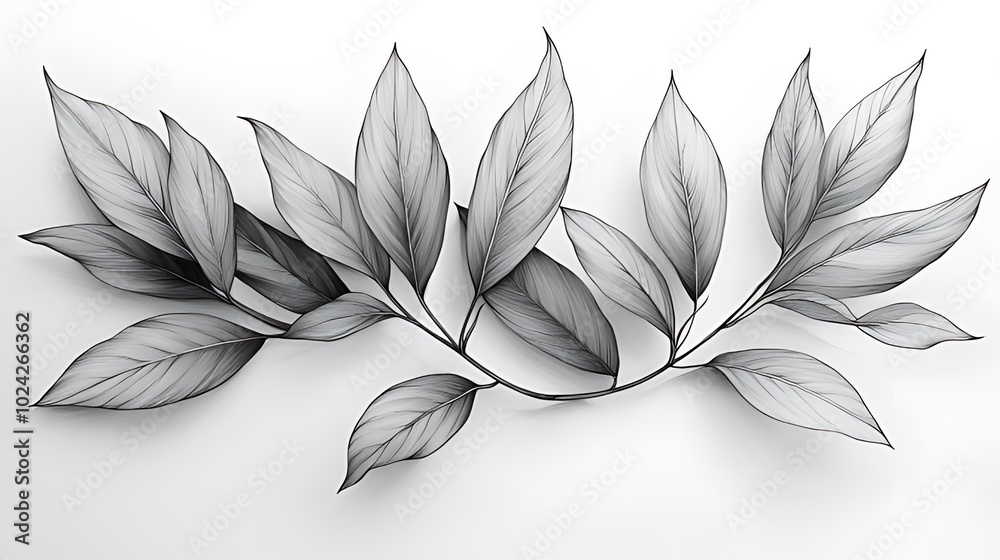 A grayscale illustration of a branch with leaves against a white background. A grayscale illustration of a branch with leaves against a white background.