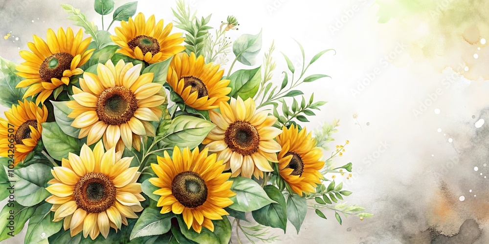 Obraz premium watercolor illustration of high angle sunflower bouquets with greenery