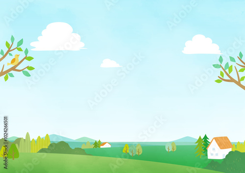 background illustration grass field and houses