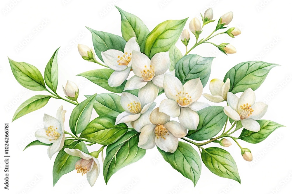 Obraz premium Watercolor jasmine clipart with white flowers and green leaves on white background
