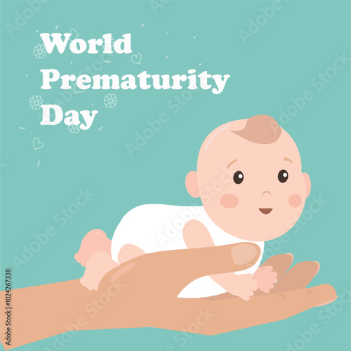 World Prematurity Day. A newborn baby in a diaper lies on the palm