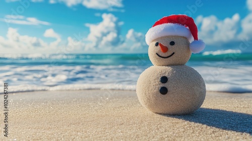 Smiling sandy snowman in red santa hat on the sea beach.