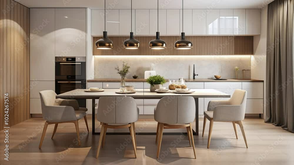 Luxurious kitchen with a minimalist concept and a dining table Luxurious kitchen with a minimalist concept and a dining table