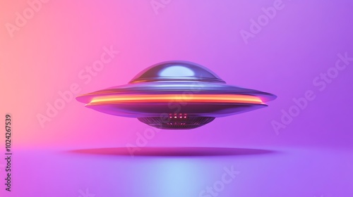 A futuristic flying saucer with glowing lights on a purple and pink background.