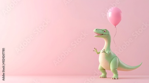 A cute, green dinosaur with a pink balloon on a pink background.