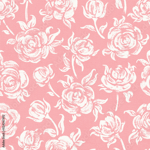 Roses. Flowers Seamless Vector White Pink Pattern. Rose Flowers and Leaves. Monochrome Vintage Floral Background. 