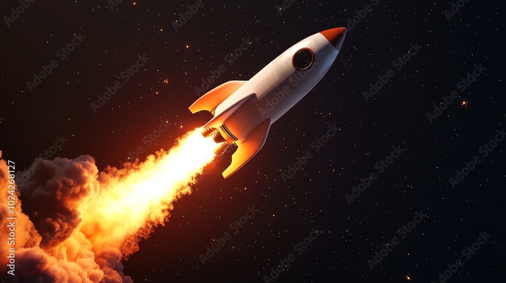A white rocket ship blasts off into space, leaving a fiery trail behind it. A white rocket ship blasts off into space, leaving a fiery trail behind it.