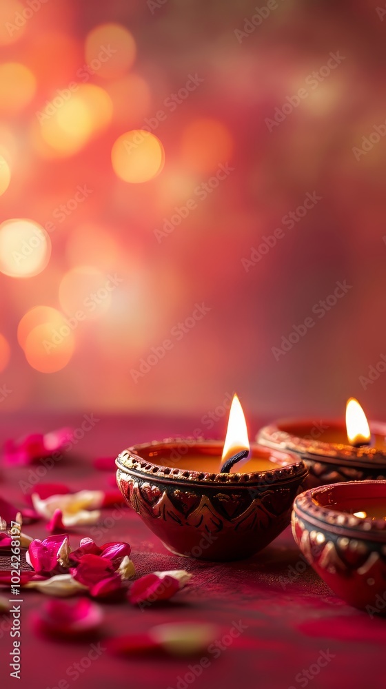 Three lit candles in red bowls on a red background Three lit candles in red bowls on a red background