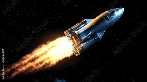 A spaceship launches into space, leaving a trail of fire behind it.