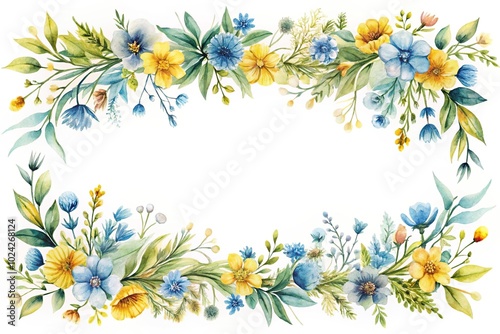 Wallpaper Mural Watercolor painted floral strip frame on white background with blue and yellow wild flowers, branches, leaves, and twigs close-up Torontodigital.ca