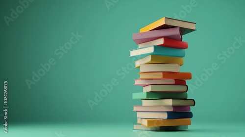 A stack of colorful books on a green background.