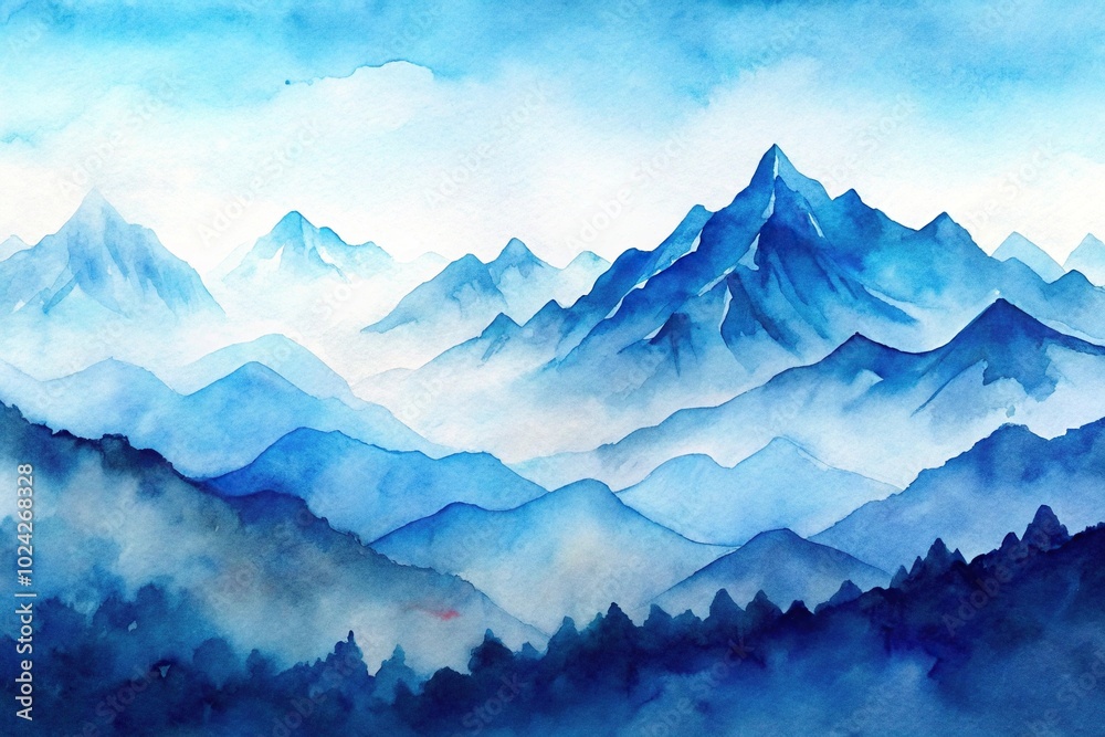 watercolor painting, blue, white, mountain range, background watercolor painting, blue, white, mountain range, background
