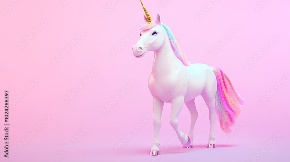 A white unicorn with a rainbow mane and tail walks across a pink background. A white unicorn with a rainbow mane and tail walks across a pink background.