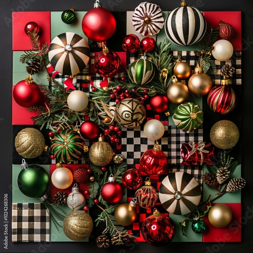 A large collection of Christmas ornaments, including some with stripes and squares, are displayed on a black and white checkered background